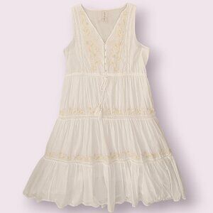 Joie White Cotton Tiered Embroidered Dress Size Large | Boho Sleeveless Midi
